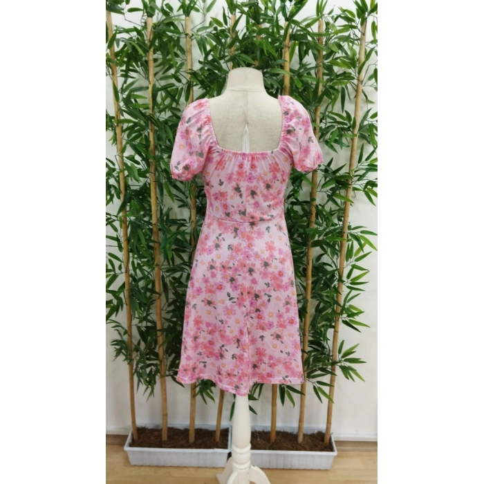 Kadın Kısa Kollu ini çiçek Baskılı Bağcık Detay üprem idi Boy Elbise