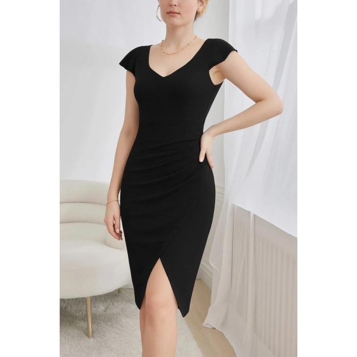 Kadın Kısa Kollu Kalp Yaka Yanlardan Büzgü Detay Midi Janjan Krep Elbise