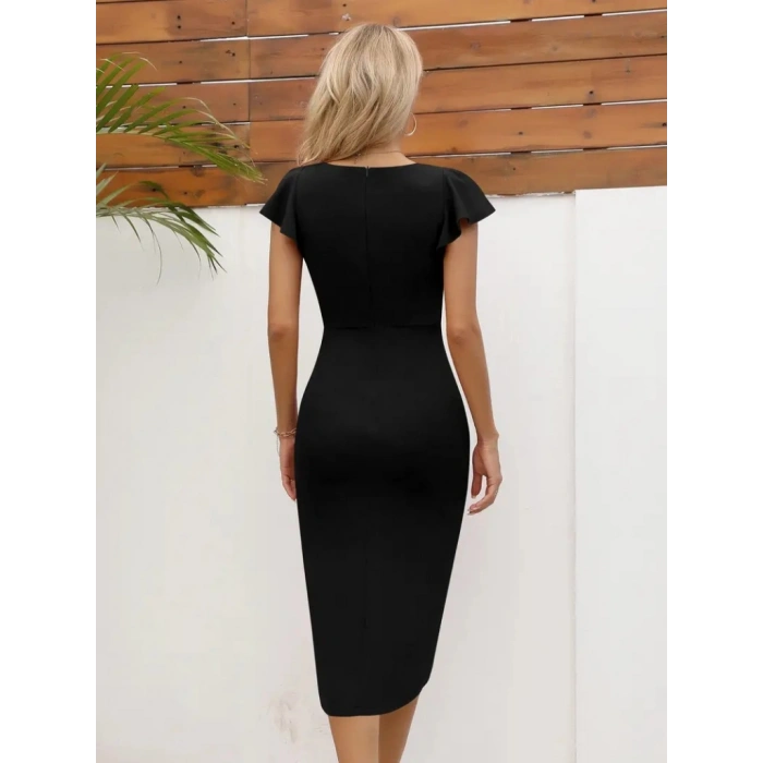 Kadın Kısa Kollu Kalp Yaka Yanlardan Büzgü Detay Midi Janjan Krep Elbise