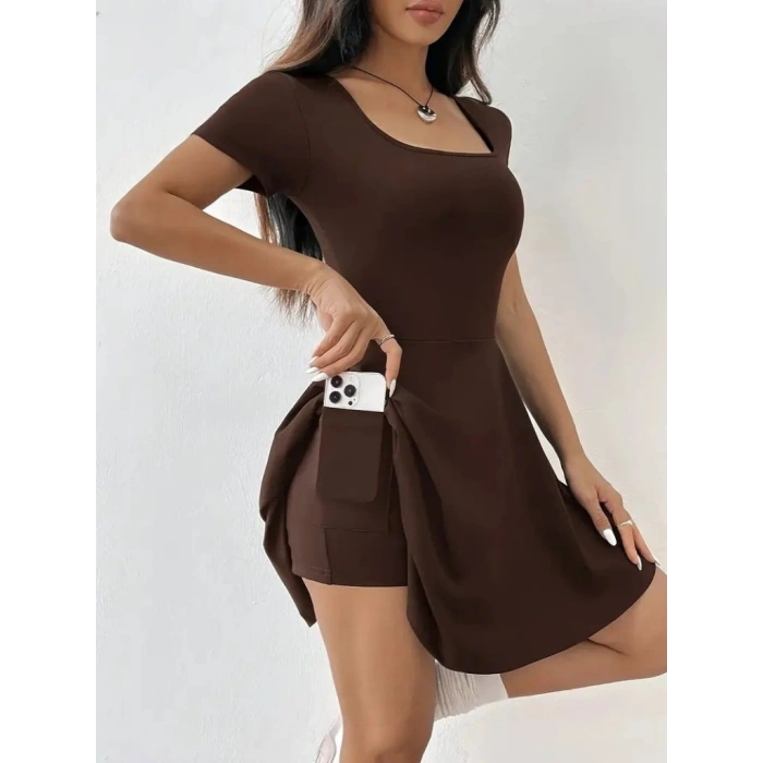 Kadın Kısa Kollu Kare Yaka Short Detaylı Cepli Dalgıç Elbise