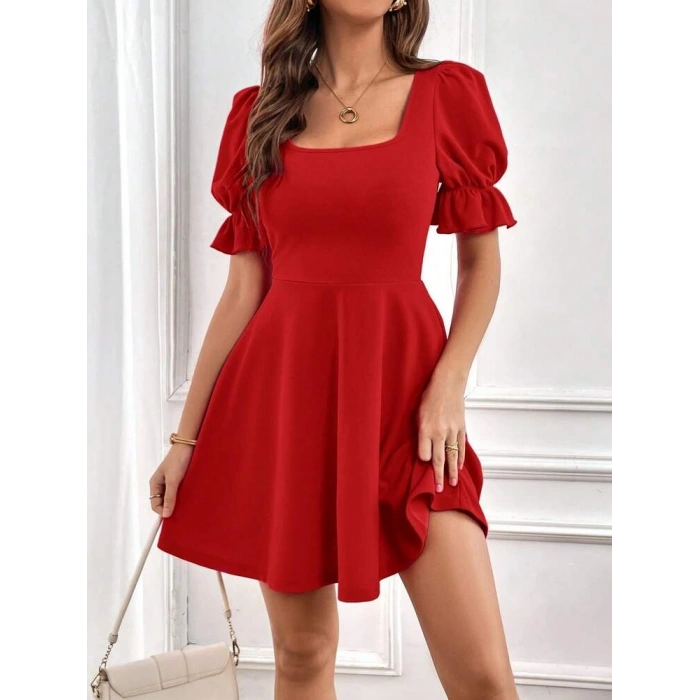 Kadın Kısa Kollu Kare Yakalı Kiloş Ithal Krep Elbise