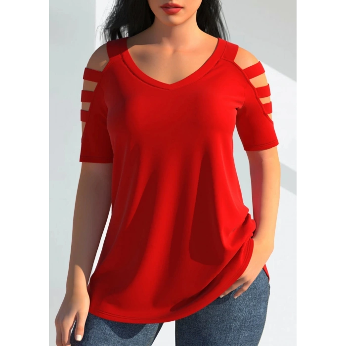 Kadın Kısa Kollu Kollar şerit Detay V Yaka Viskon Bluz