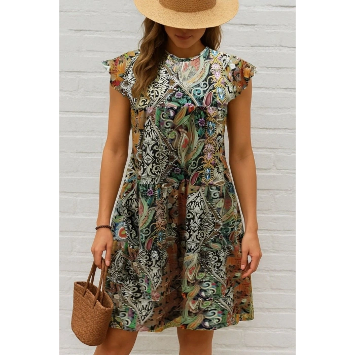 Kadın Kısa Kollu Kolları Fırfırlı Bisiklet Yakalı Kare Desenli Elbise