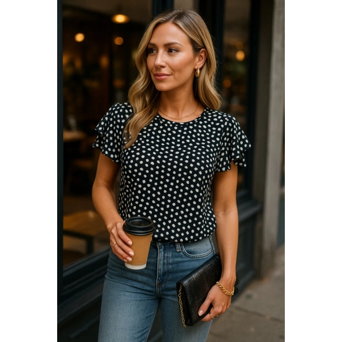 Kadın Kısa Kollu Kolları Volanlı Baskılı Süprem Bluz