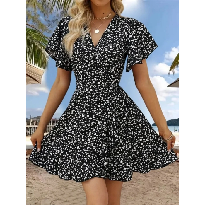 Kadın Kısa Kollu Kolu Ve Eteği Volanlı Fırfırlı çiçek Desenli Mini Elbise