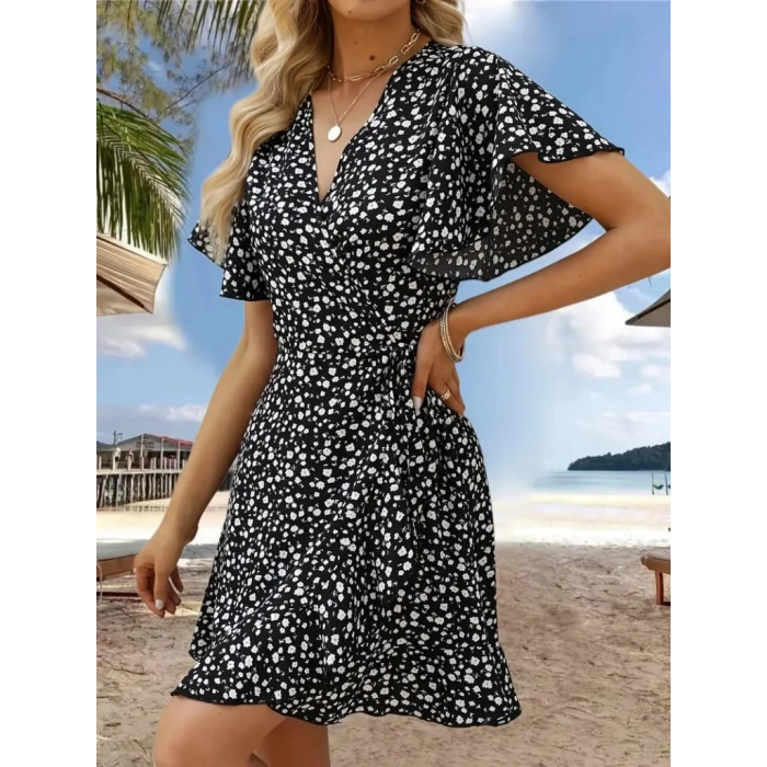Kadın Kısa Kollu Kolu Ve Eteği Volanlı Fırfırlı çiçek Desenli Mini Elbise