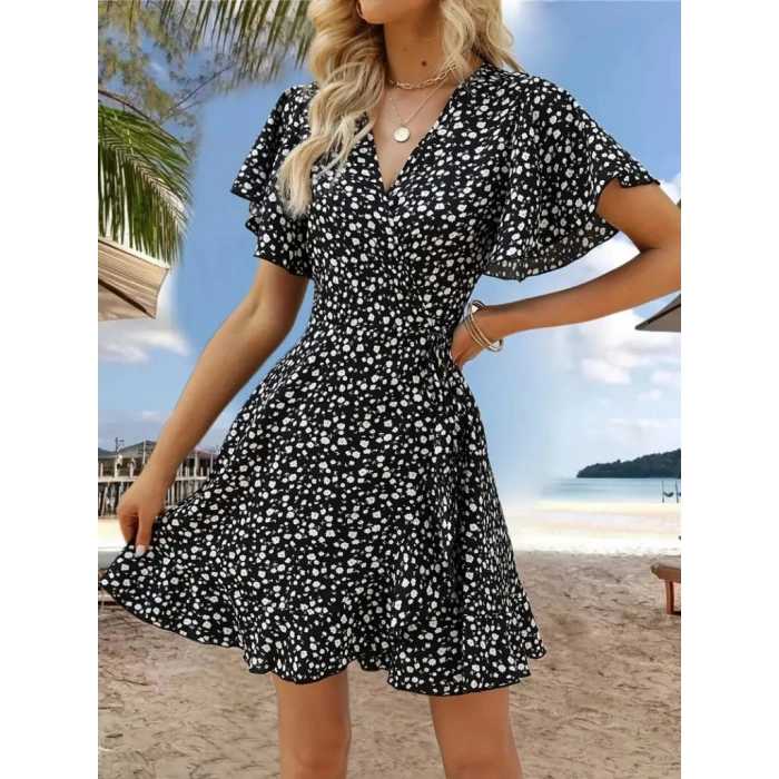 Kadın Kısa Kollu Kolu Ve Eteği Volanlı Fırfırlı çiçek Desenli Mini Elbise