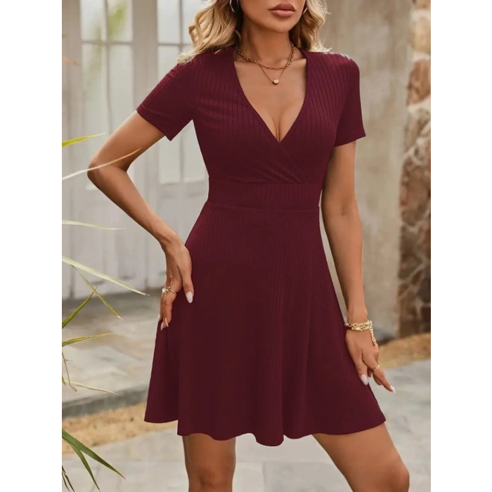 Kadın Kısa Kollu Kruvaze Yaka A Kesim Kalın Fitilli Kaşkorse Elbise