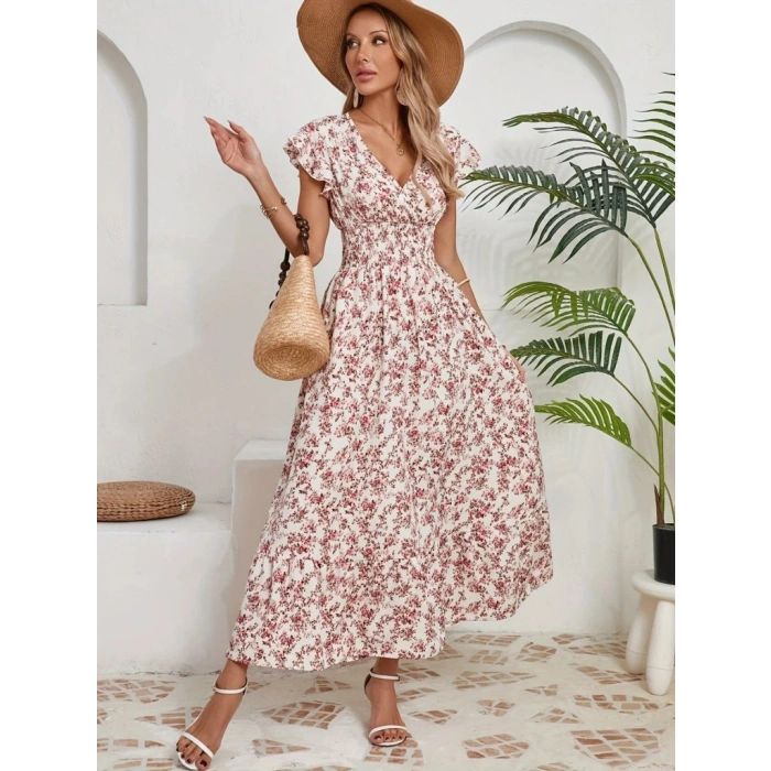 Kadın Kısa Kollu Kruvaze Yaka Beli Lastikli çiçek Desenli Elbise