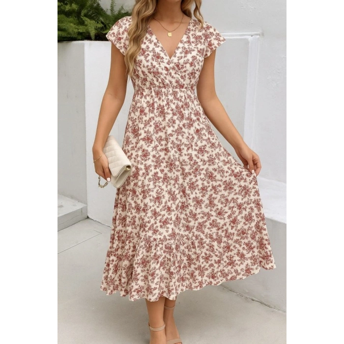 Kadın Kısa Kollu Kruvaze Yaka Beli Lastikli çiçek Desenli Elbise