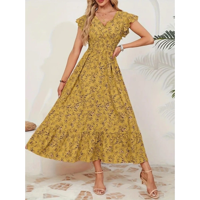 Kadın Kısa Kollu Kruvaze Yaka Beli Lastikli çiçek Desenli Elbise