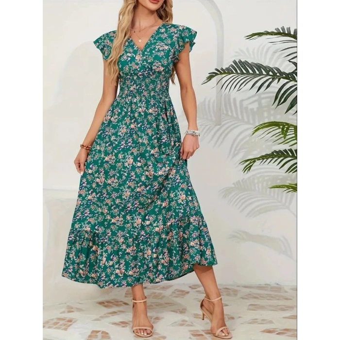 Kadın Kısa Kollu Kruvaze Yaka Beli Lastikli çiçek Desenli Elbise