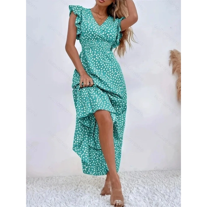 Kadın Kısa Kollu Kruvaze Yaka Beli Lastikli çiçek Desenli Elbise