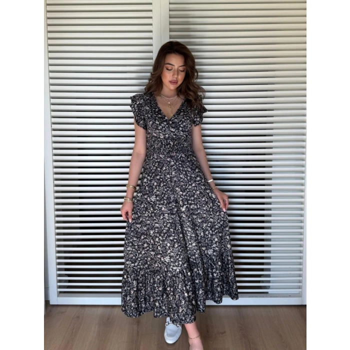 Kadın Kısa Kollu Kruvaze Yaka Beli Lastikli çiçek Desenli Elbise