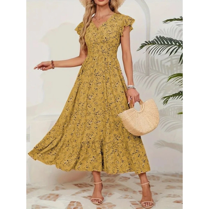 Kadın Kısa Kollu Kruvaze Yaka Beli Lastikli çiçek Desenli Elbise
