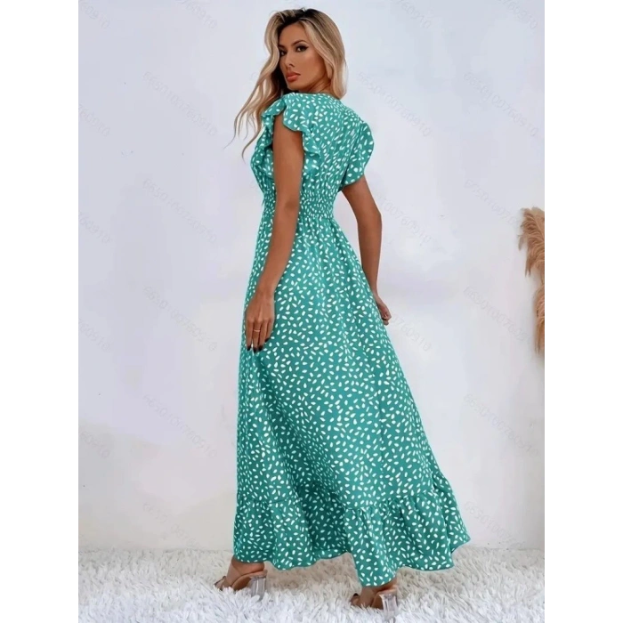 Kadın Kısa Kollu Kruvaze Yaka Beli Lastikli çiçek Desenli Elbise