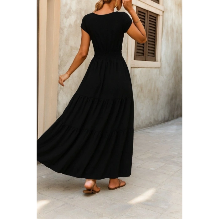 Kadın Kısa Kollu Kruvaze Yaka Beli Lastikli Süprem Maksi Boy Elbise