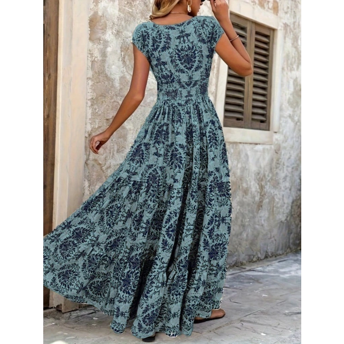 Kadın Kısa Kollu Kruvaze Yaka Beli Lastikli Süprem Maksi Boy Elbise