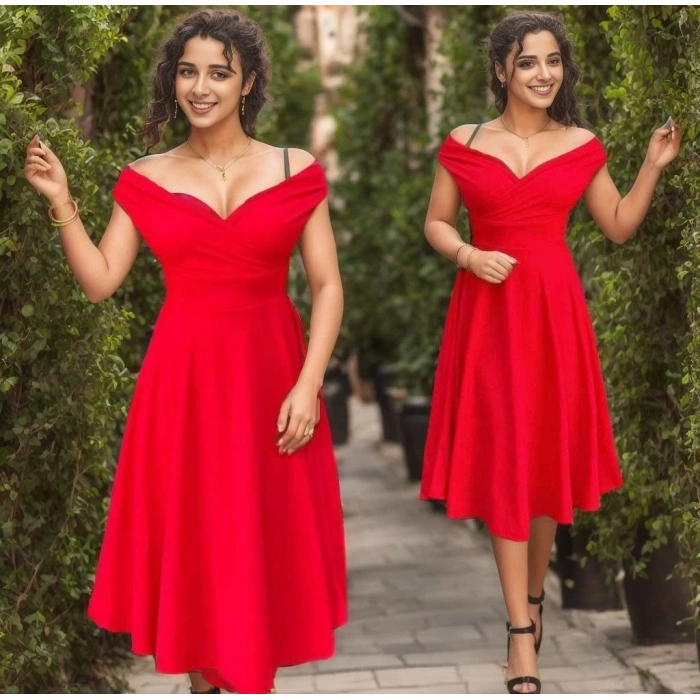 Kadın Kısa Kollu Kruvaze Yaka Eteği Volanlı Krep Elbise