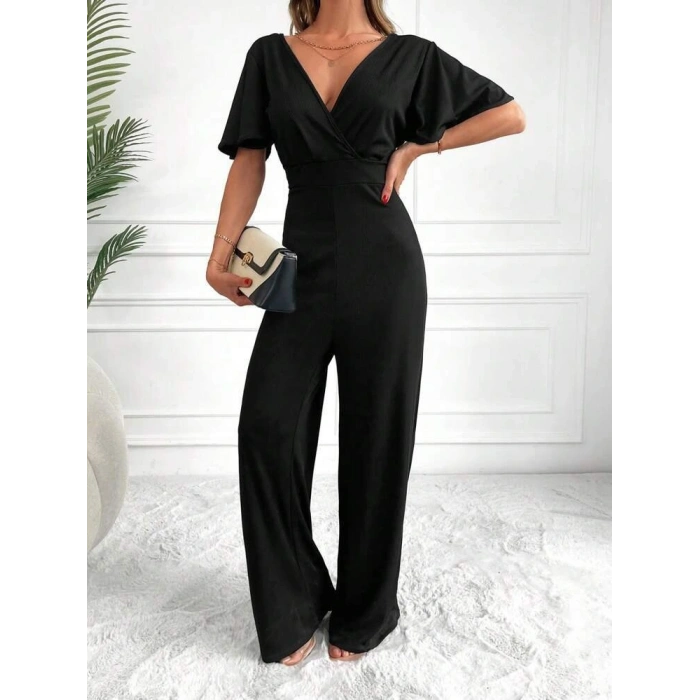 Kadın Kısa Kollu Kruvaze Yaka ırt Dekolteli Pegasus Kumaş Tulum