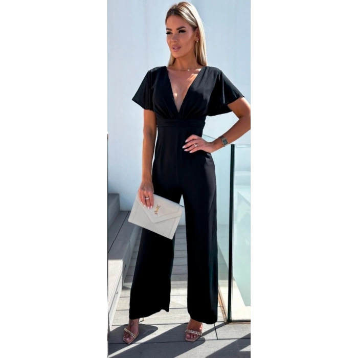 Kadın Kısa Kollu Kruvaze Yaka ırt Dekolteli Pegasus Kumaş Tulum