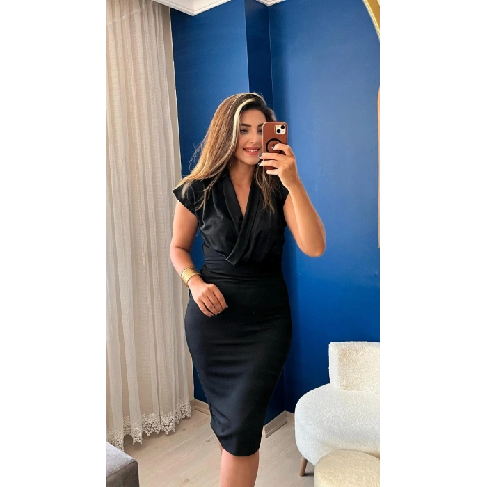 Kadın Kısa Kollu Kruvaze Yaka Krep Elbise (Kemersiz)