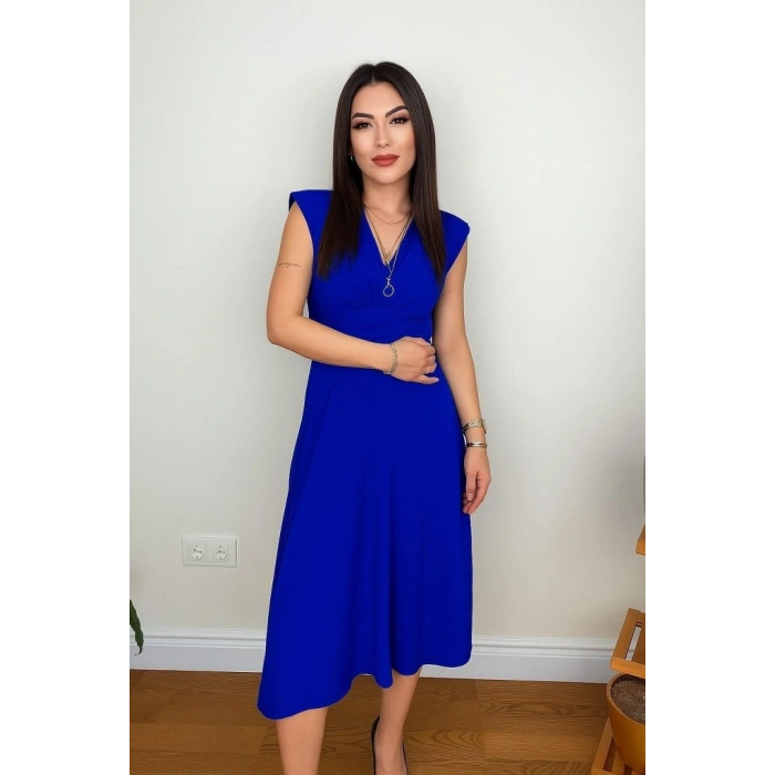 Kadın Kısa Kollu Kruvaze Yakalı Bel Korsajı Buzgulu Midi Janjan Krep Elbise