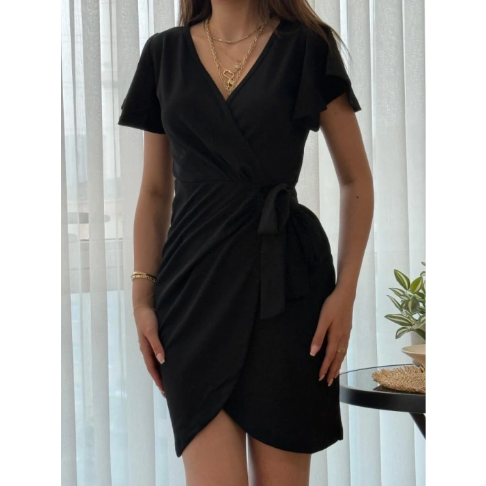 Kadın Kısa Kollu Kruvaze Yakalı Belden Bağlamalı Ithal Krep Elbise