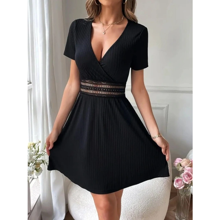 Kadın Kısa Kollu Kruvaze Yakalı Belden Dantelli Kaşkorse Elbise