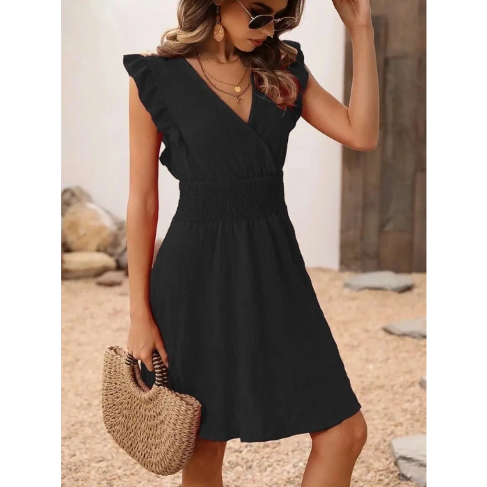 Kadın Kısa Kollu Kruvaze Yakalı Beli Lastikli Aerobin Elbise