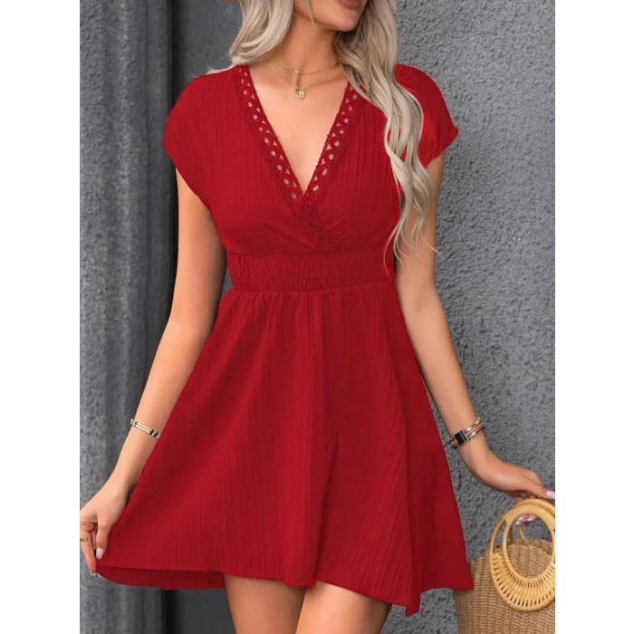 Kadın Kısa Kollu Kruvaze Yakalı Beli Lastikli Bürümcük Elbise