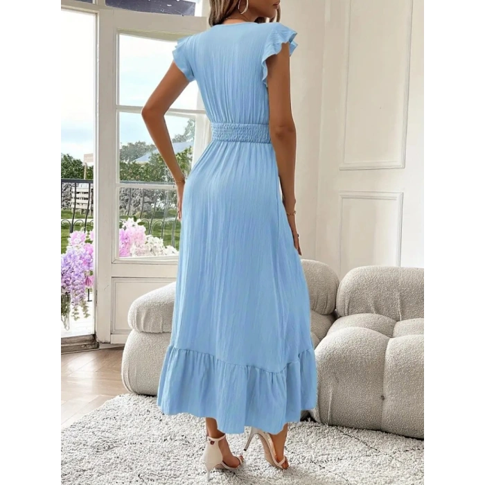 Kadın Kısa Kollu Kruvaze Yakalı Beli Lastikli Müslim Elbise