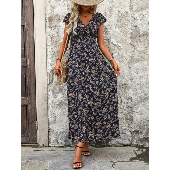 Kadın Kısa Kollu Kruvaze Yakalı çiçek Desenli Belden Lastikli Süprem Uzun Elbise