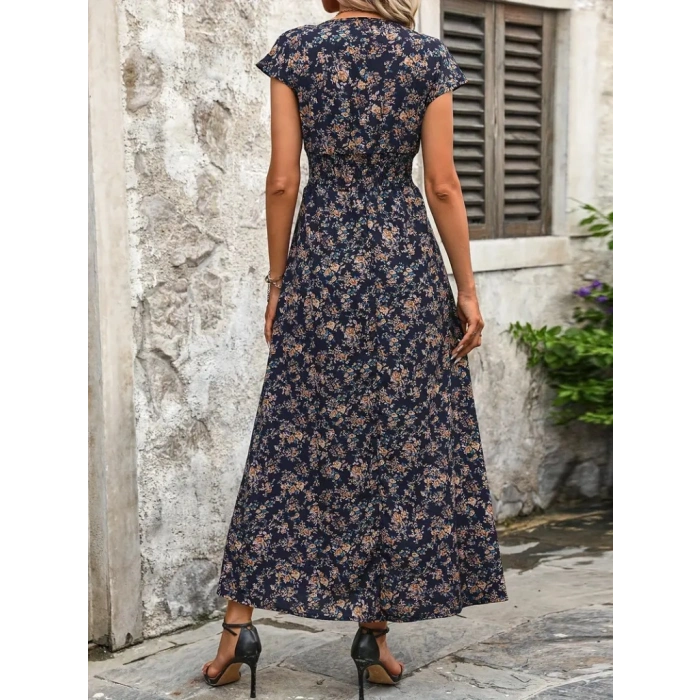 Kadın Kısa Kollu Kruvaze Yakalı çiçek Desenli Belden Lastikli Süprem Uzun Elbise