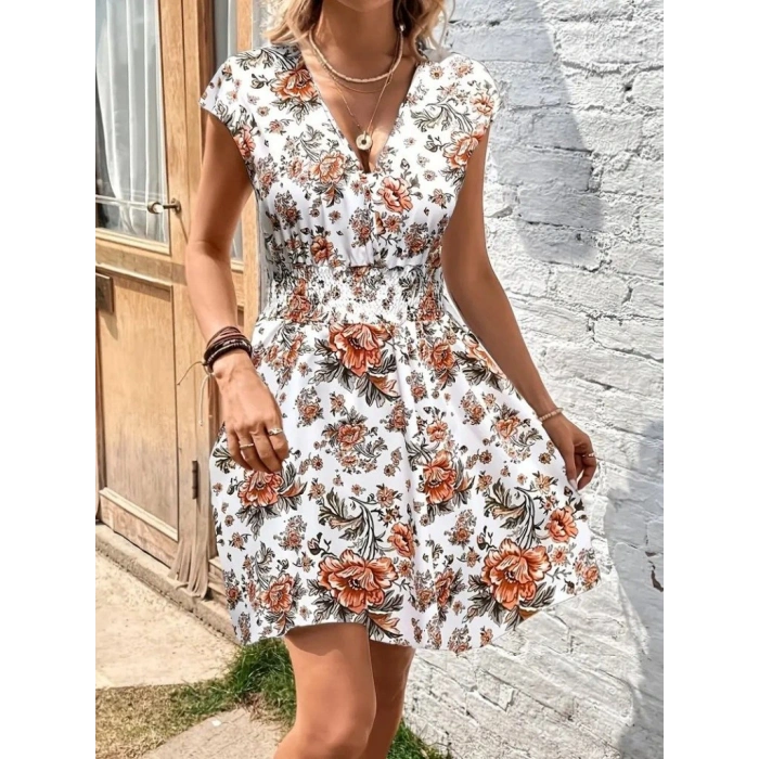 Kadın Kısa Kollu Kruvaze Yakalı çiçekli Desenli Süprem Elbise
