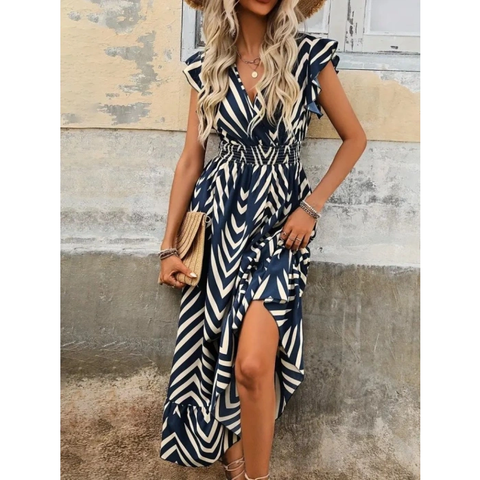 Kadın Kısa Kollu Kruvaze Yakalı Fırfırlı Süprem Elbise