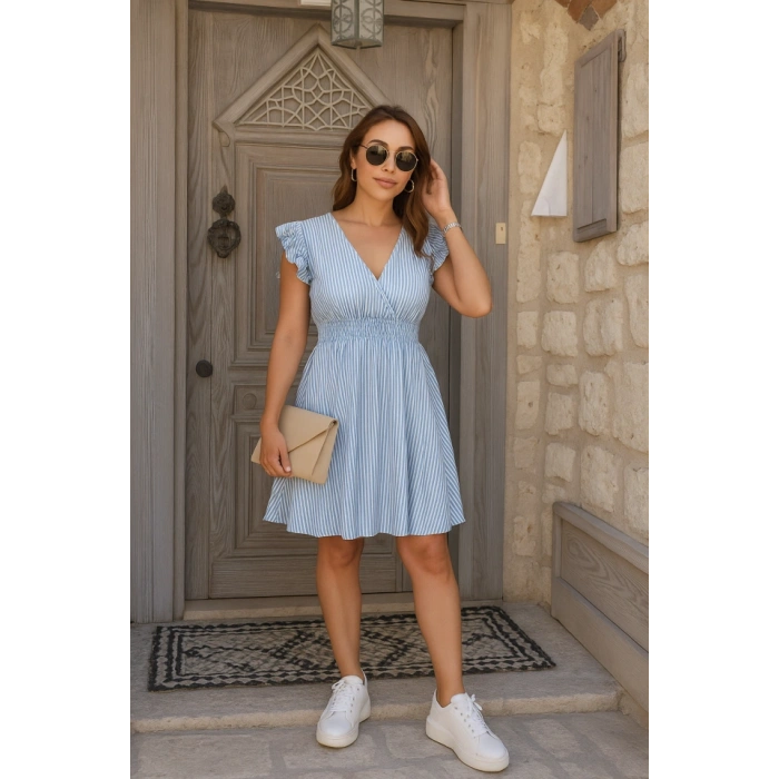 Kadın Kısa Kollu Kruvaze Yakalı Poplin Elbise