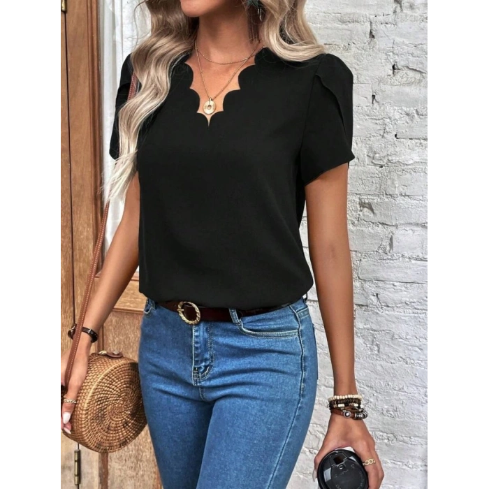 Kadın Kısa Kollu Lazer V Yakalı Ithal Krep Bluz
