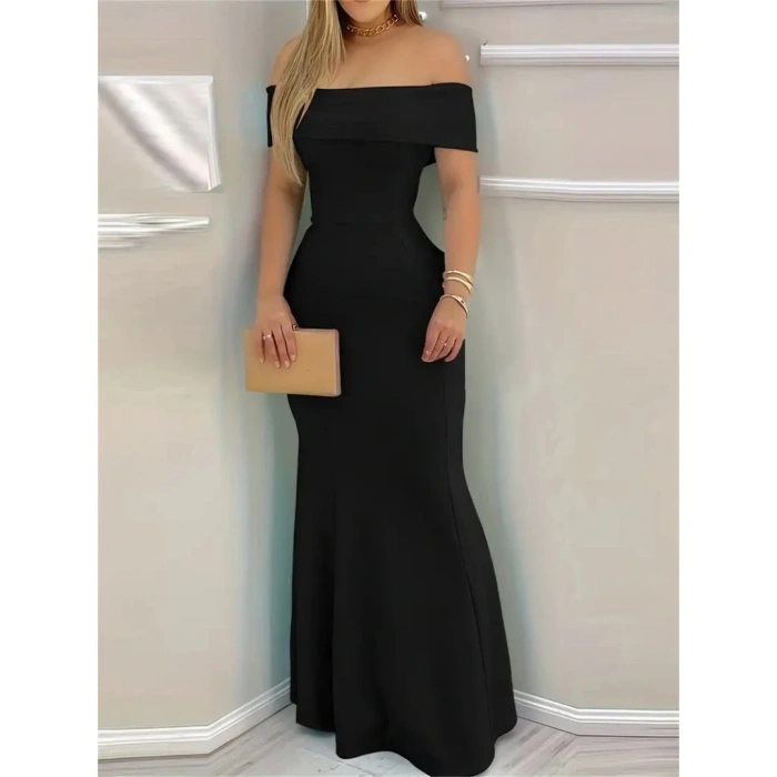 Kadın Kısa Kollu Madonna Yaka Belden Oturtmalı Uzun Ithal Krep Elbise