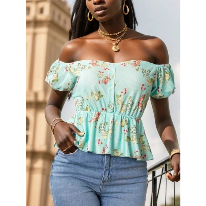 Kadın Kısa Kollu Madonna Yaka çiçek Desenli Düğme Detay Gipeli üprem Kumaş Bluz