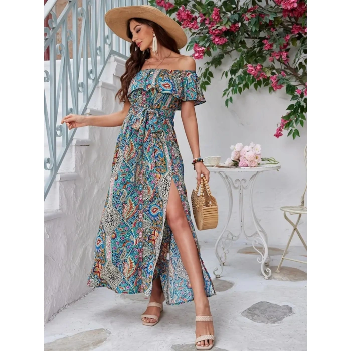 Kadın Kısa Kollu Madonna Yaka Fırfırlı Belden Yırtmaçlı Maksi Süprem Elbise