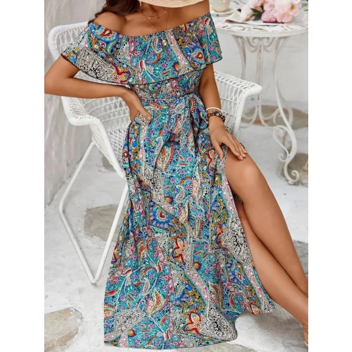 Kadın Kısa Kollu Madonna Yaka Fırfırlı Belden Yırtmaçlı Maksi Süprem Elbise