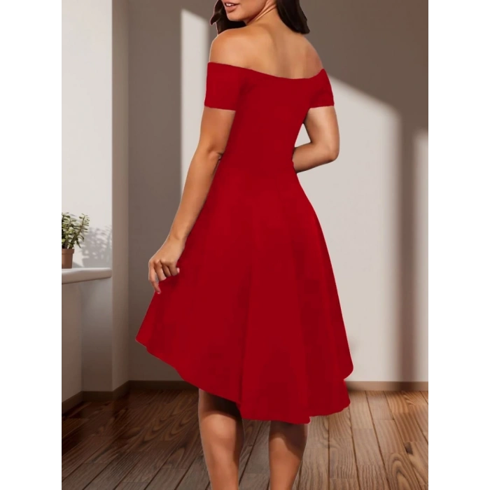 Kadın Kısa Kollu Madonna Yaka önü Kısa Arkası Uzun Ithal Krep Elbise