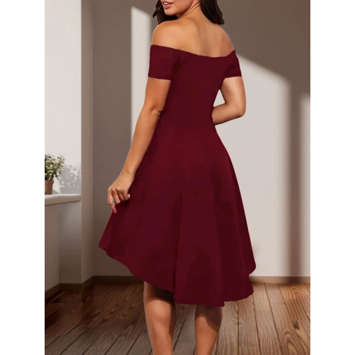 Kadın Kısa Kollu Madonna Yaka önü Kısa Arkası Uzun Ithal Krep Elbise