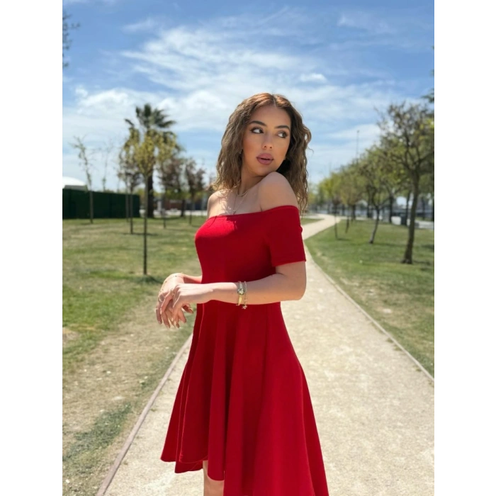 Kadın Kısa Kollu Madonna Yaka önü Kısa Arkası Uzun Ithal Krep Elbise