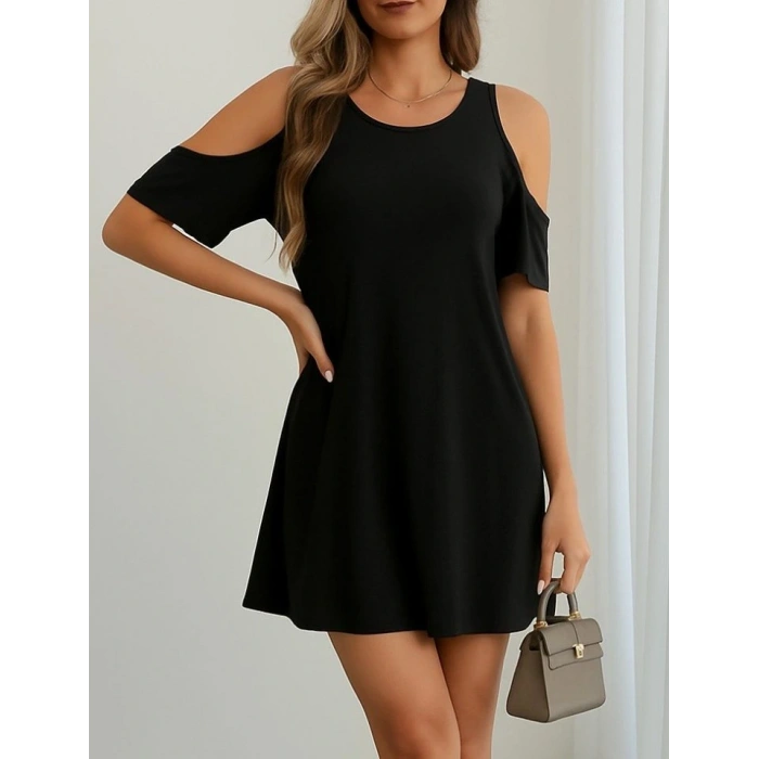 Kadın Kısa Kollu Omuz Pencere Detay Kiloş Viskon Elbise