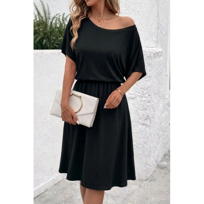 Kadın Kısa Kollu Omuzdan Açık Kiloş Midi Viskon Elbise