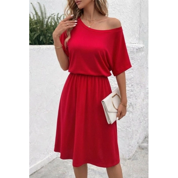 Kadın Kısa Kollu Omuzdan Açık Kiloş Midi Viskon Elbise