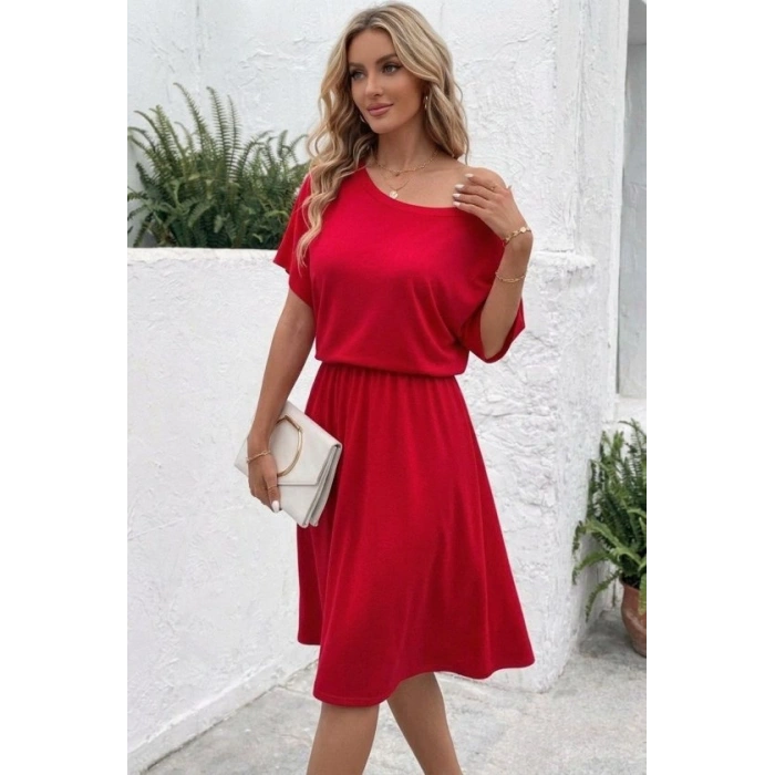 Kadın Kısa Kollu Omuzdan Açık Kiloş Midi Viskon Elbise