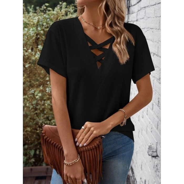 Kadın Kısa Kollu önden çapraz Detay V Yakalı Viskon Bluz